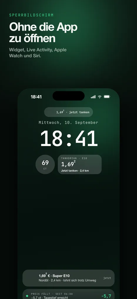 Sperrbildschirm mit Widget und Live Activity „Preis fällt“