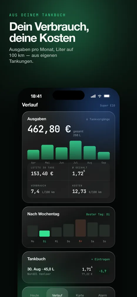 Verlauf: Ausgaben pro Monat, Verbrauch 7,4 L/100 km, Kosten 12,73 € je 100 km